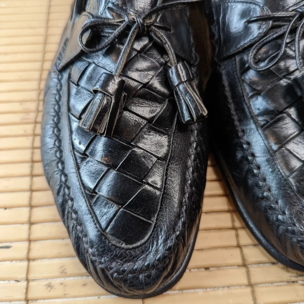 Johnston & Murphy Black Leather Woven Vamp Tassel Loafers Sz 11N Made In Italy